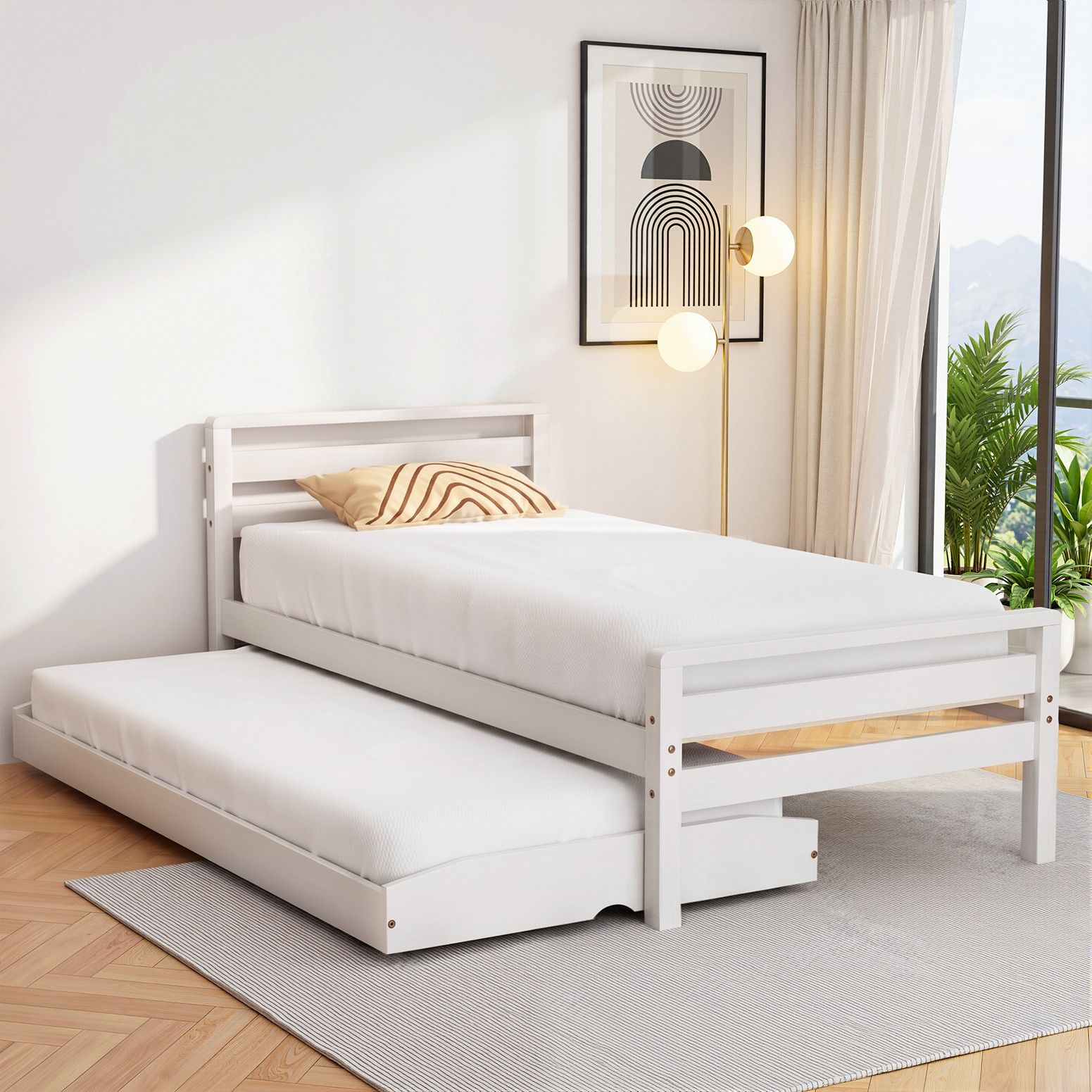 Artiss Bed Frame Single Size 2-in-1 Trundle Wooden White AVIS-Furniture > Bedroom-PEROZ Accessories