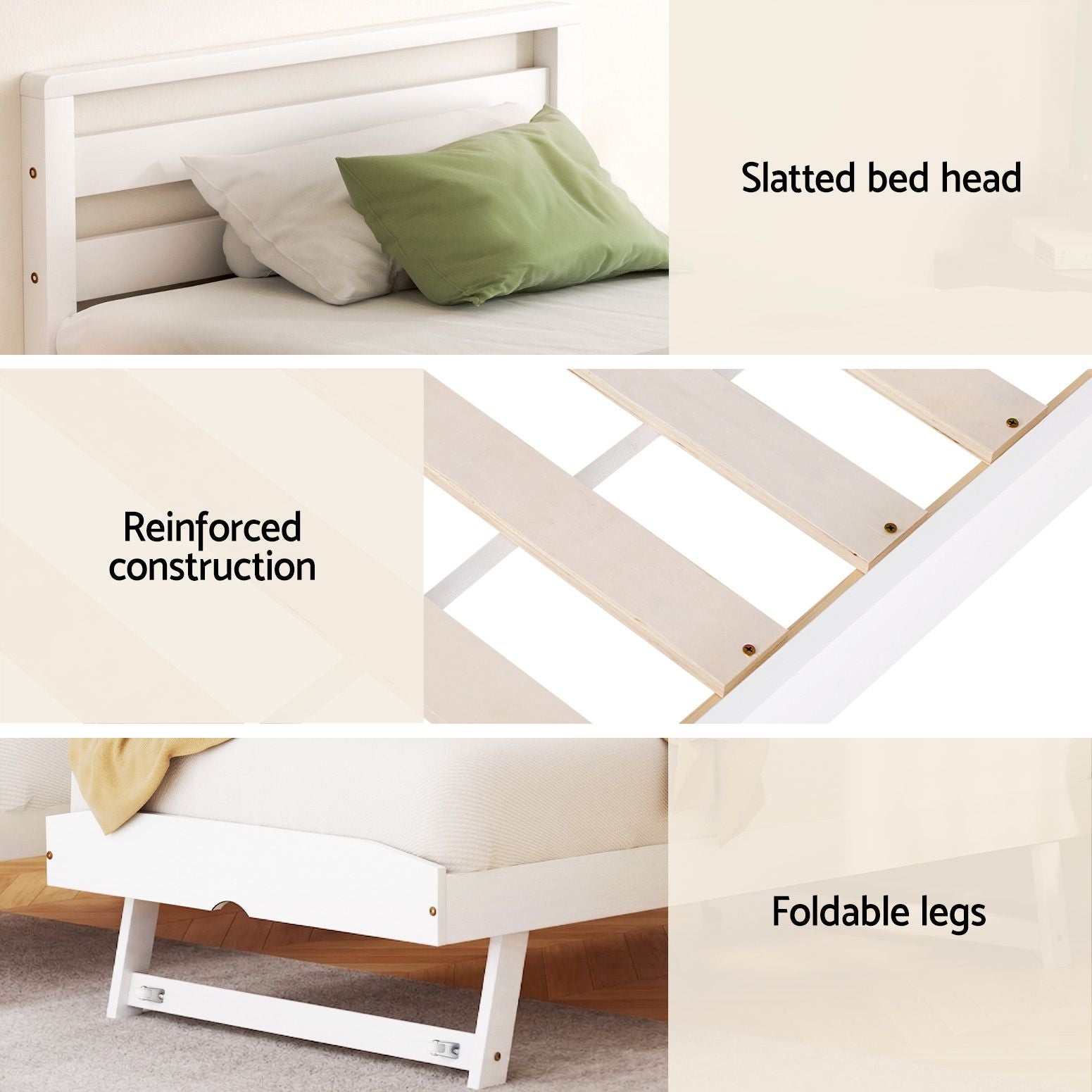 Artiss Bed Frame Single Size 2-in-1 Trundle Wooden White AVIS-Furniture > Bedroom-PEROZ Accessories