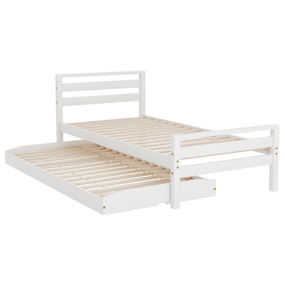Artiss Bed Frame Single Size 2-in-1 Trundle Wooden White AVIS-Furniture &gt; Bedroom-PEROZ Accessories