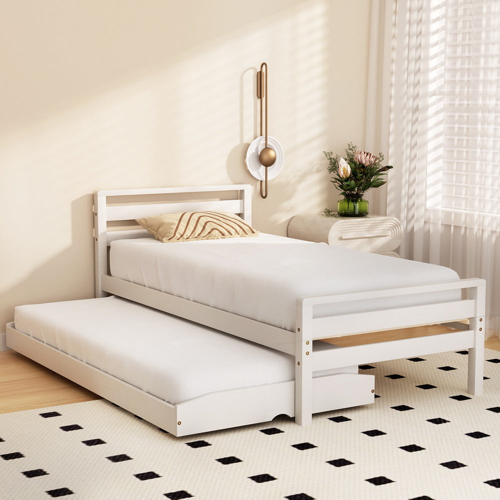 Artiss Bed Frame Single Size 2-in-1 Trundle Wooden White AVIS-Furniture &gt; Bedroom-PEROZ Accessories