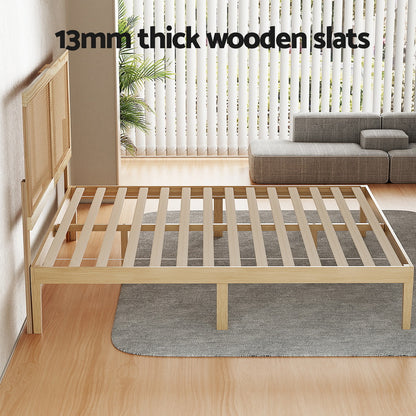 Artiss Bed Frame Double Size with Rattan Headboard Wooden Bed Base BRUNO-Furniture &gt; Bedroom &gt; Beds &amp; Bed Frames-PEROZ Accessories