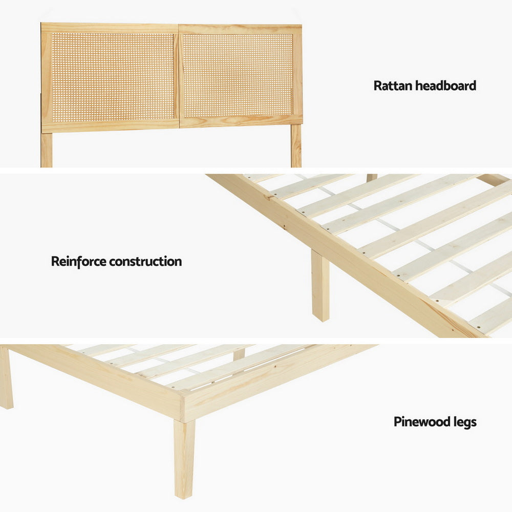 Artiss Bed Frame Double Size with Rattan Headboard Wooden Bed Base BRUNO-Furniture &gt; Bedroom &gt; Beds &amp; Bed Frames-PEROZ Accessories