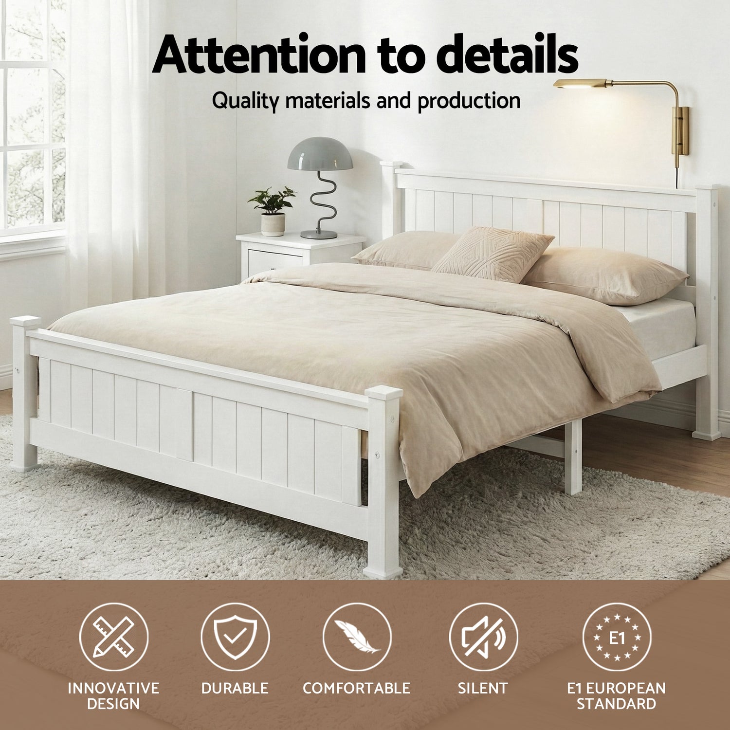 Double Size Wooden Bed Frame - White-Bed Frames-PEROZ Accessories