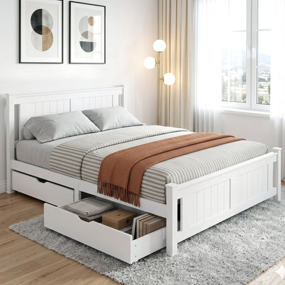 Artiss Bed Frame Double Size Wooden Platform with 2 Storage Drawers White RIO-Furniture > Bedroom > Beds &amp; Bed Frames-PEROZ Accessories