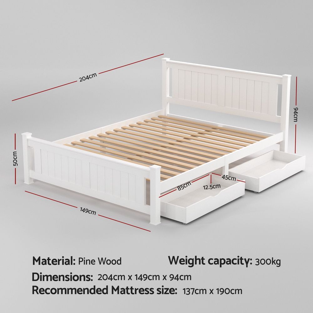 Artiss Bed Frame Double Size Wooden Platform with 2 Storage Drawers White RIO-Furniture > Bedroom > Beds &amp; Bed Frames-PEROZ Accessories