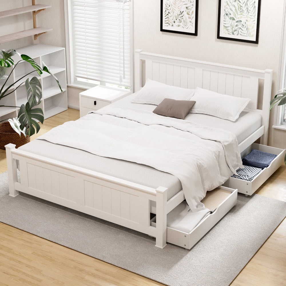 Artiss Bed Frame Double Size Wooden Platform with 2 Storage Drawers White RIO-Furniture &gt; Bedroom &gt; Beds &amp; Bed Frames-PEROZ Accessories
