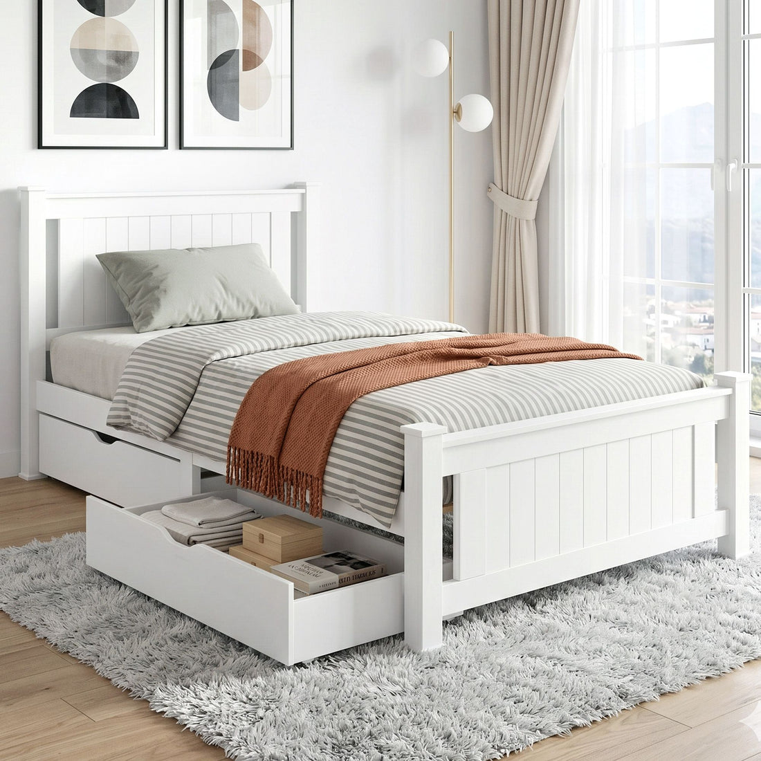 Artiss Bed Frame King Single Size Wooden Platform with 2 Storage Drawers White RIO-Furniture > Bedroom > Beds &amp; Bed Frames-PEROZ Accessories