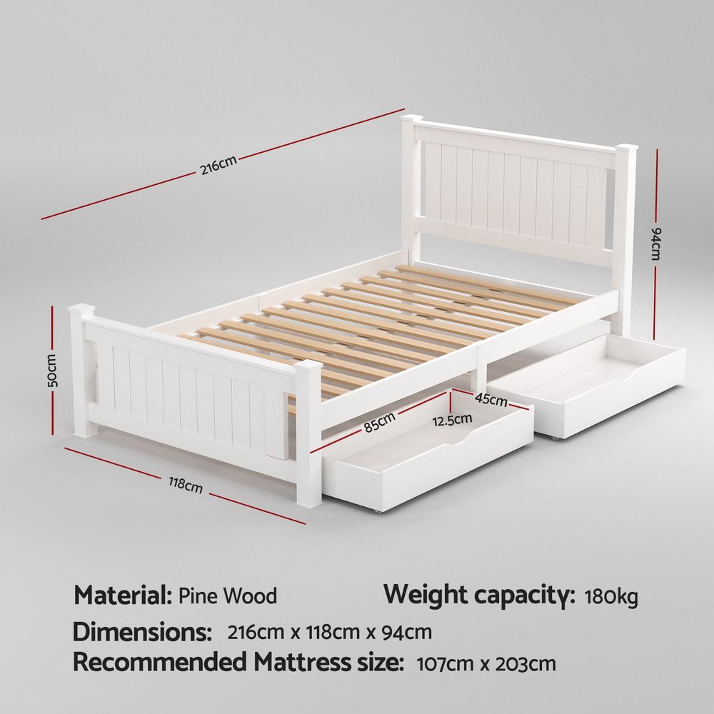 Artiss Bed Frame King Single Size Wooden Platform with 2 Storage Drawers White RIO-Furniture > Bedroom > Beds &amp; Bed Frames-PEROZ Accessories