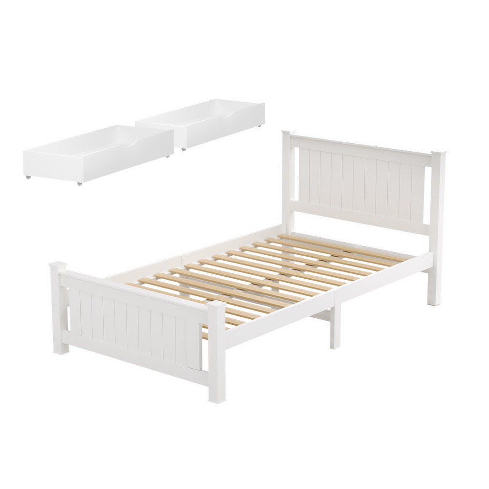 Artiss Bed Frame King Single Size Wooden Platform with 2 Storage Drawers White RIO-Furniture &gt; Bedroom &gt; Beds &amp; Bed Frames-PEROZ Accessories