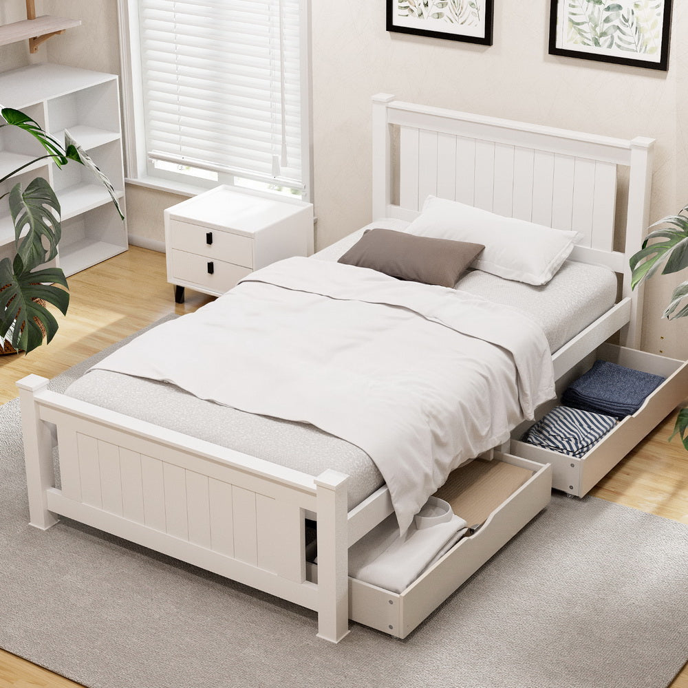 Artiss Bed Frame King Single Size Wooden Platform with 2 Storage Drawers White RIO-Furniture &gt; Bedroom &gt; Beds &amp; Bed Frames-PEROZ Accessories