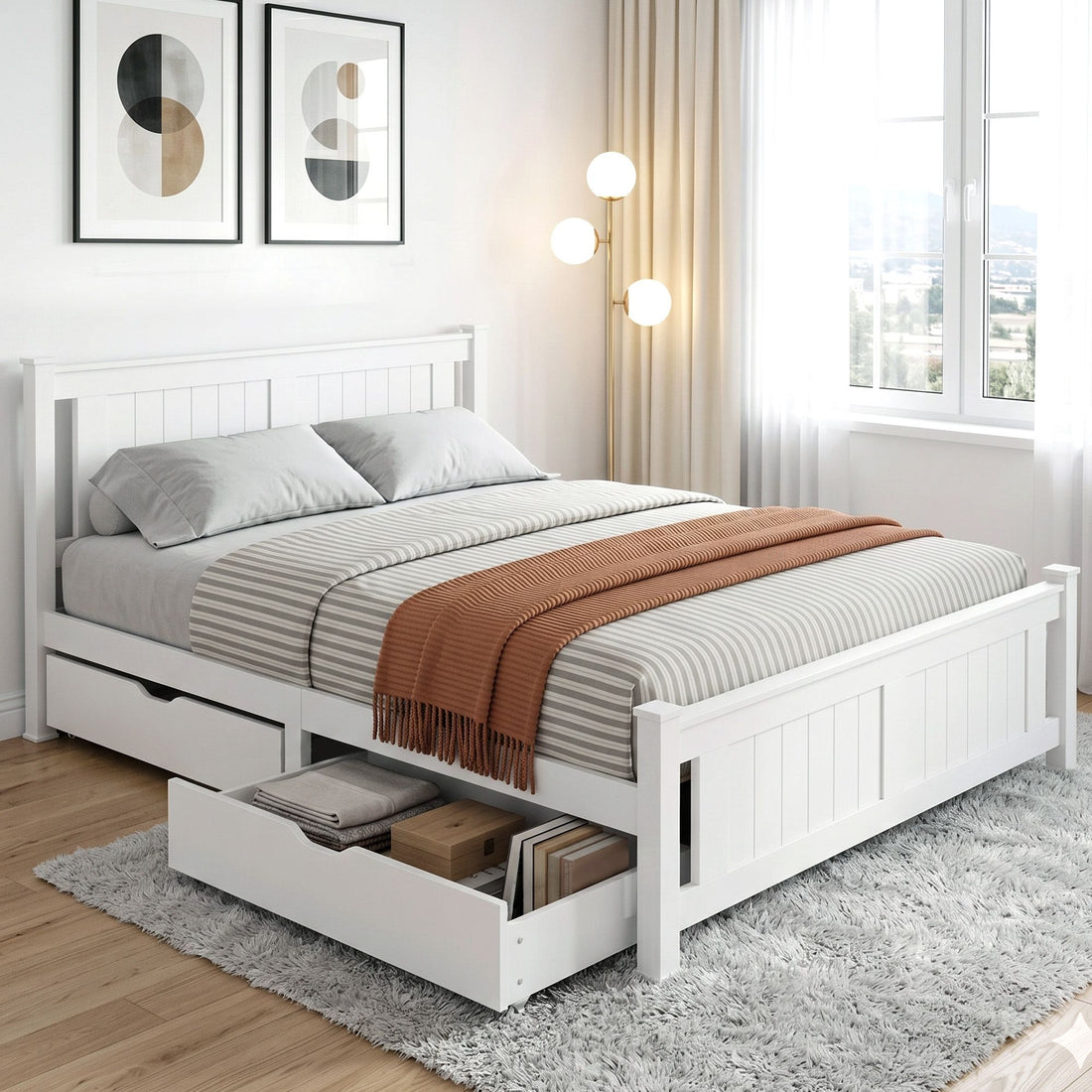 Artiss Bed Frame Queen Size Wooden Platform with 2 Storage Drawers White RIO-Furniture > Bedroom > Beds &amp; Bed Frames-PEROZ Accessories