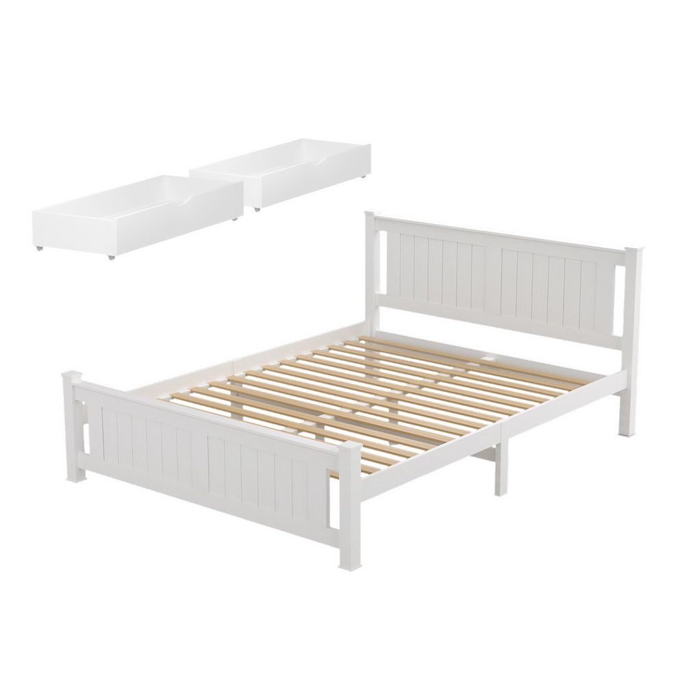 Artiss Bed Frame Queen Size Wooden Platform with 2 Storage Drawers White RIO-Furniture > Bedroom > Beds &amp; Bed Frames-PEROZ Accessories