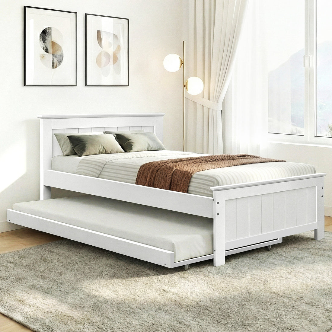 Artiss Wooden Trundle Bed Frame Timber Slat King Single Size White-Bed Frames-PEROZ Accessories