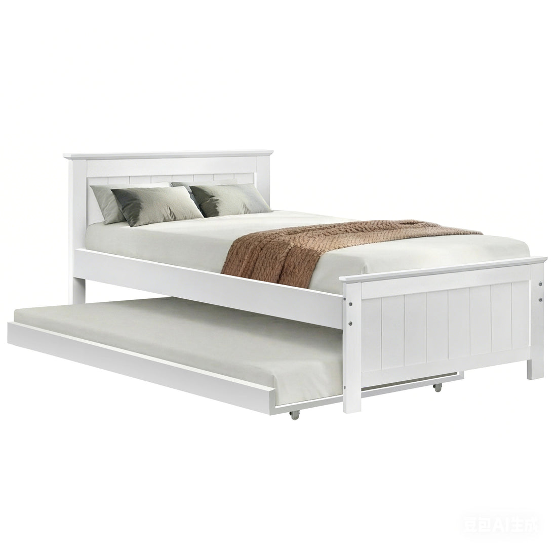 Artiss Wooden Trundle Bed Frame Timber Slat King Single Size White-Bed Frames-PEROZ Accessories