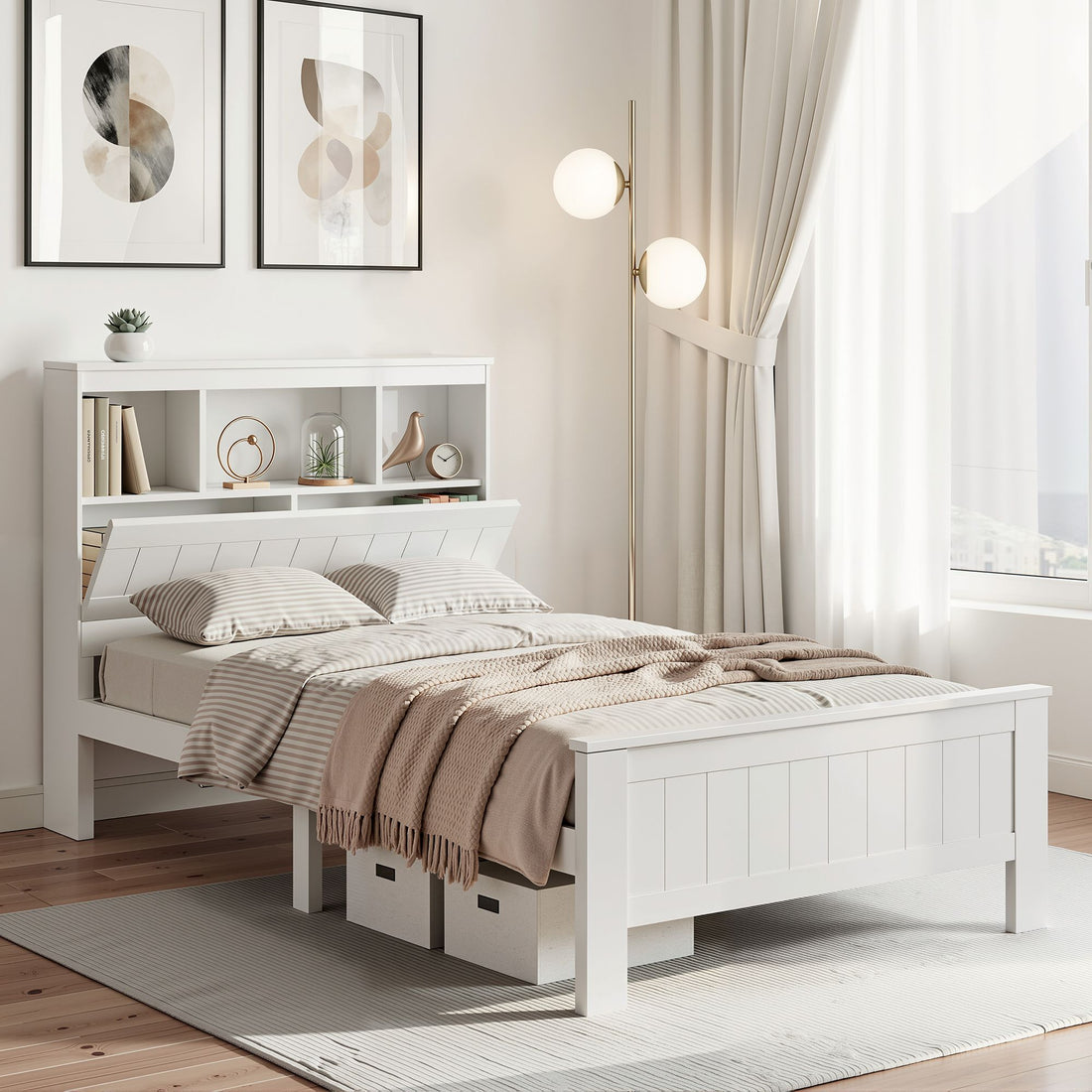 Artiss Bed Frame King Single Size Wooden with 3 Shelves Bed Head White-Bed Frames-PEROZ Accessories