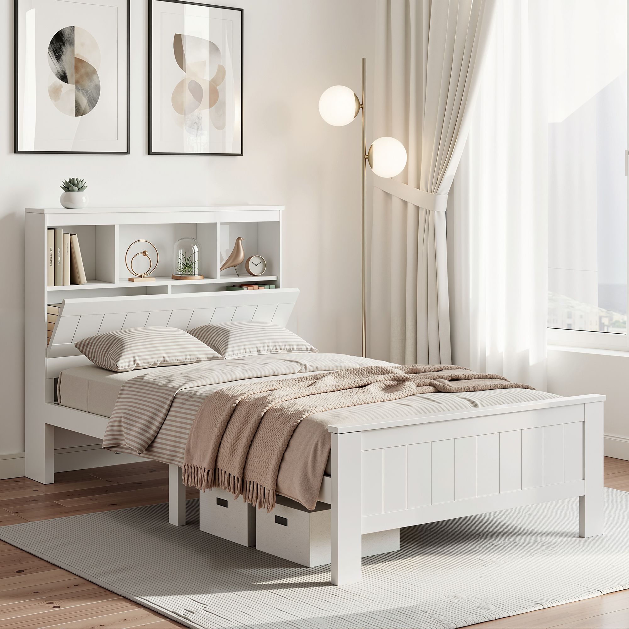 Artiss Bed Frame King Single Size Wooden with 3 Shelves Bed Head White-Bed Frames-PEROZ Accessories
