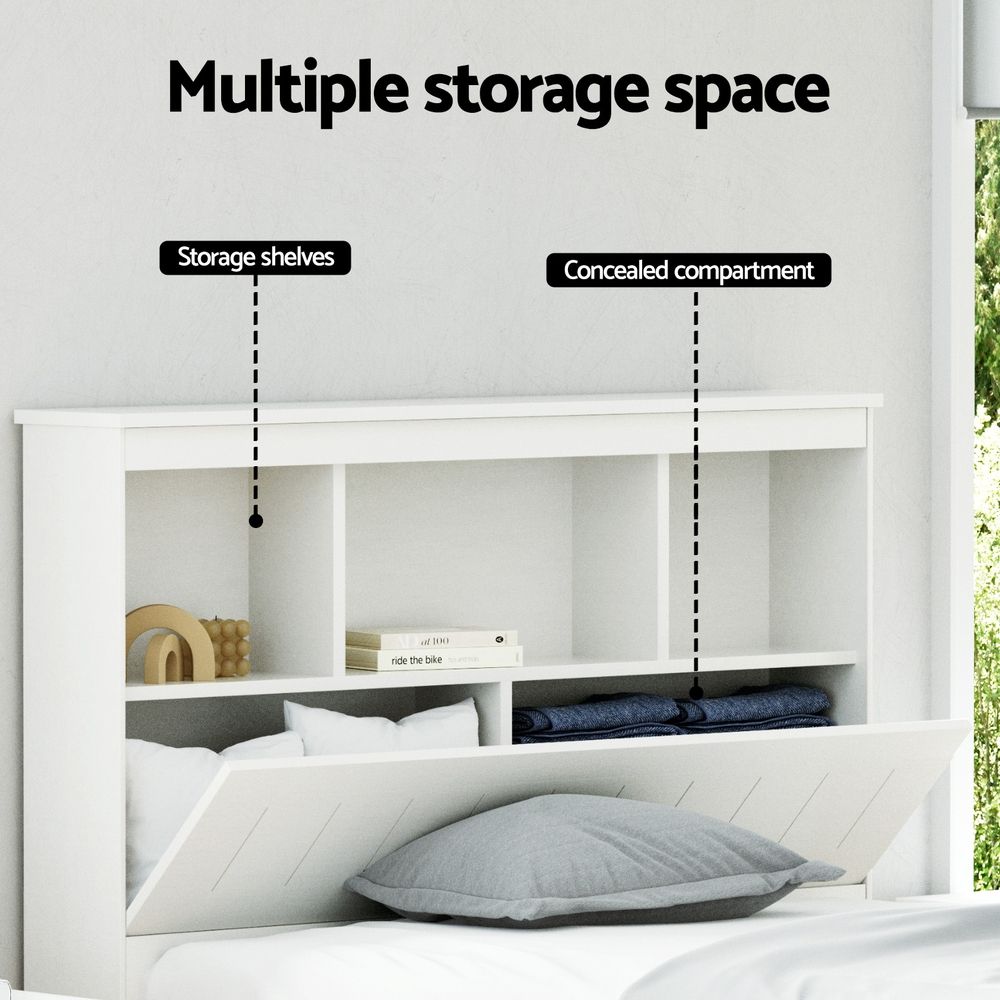 Artiss Bed Frame King Single Size Wooden with 3 Shelves Bed Head White-Bed Frames-PEROZ Accessories