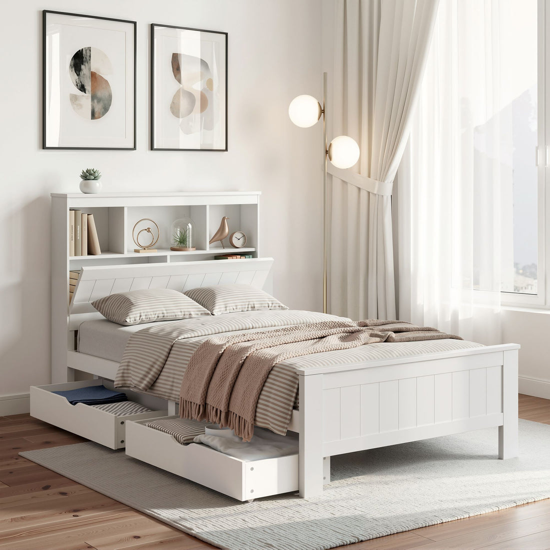 Artiss Bed Frame King Single Size Wooden with 2 Storage Drawers White-Furniture > Bedroom > Beds &amp; Bed Frames-PEROZ Accessories