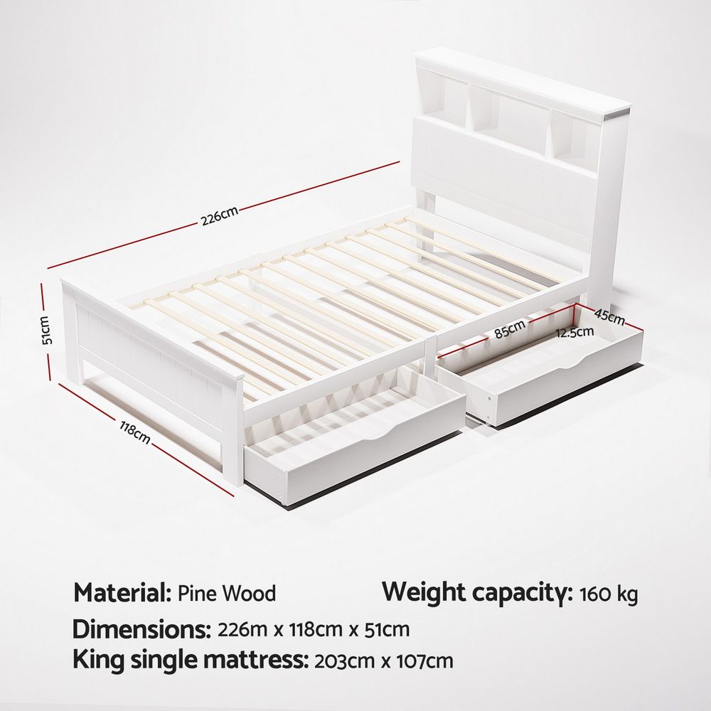 Artiss Bed Frame King Single Size Wooden with 2 Storage Drawers White-Furniture > Bedroom > Beds &amp; Bed Frames-PEROZ Accessories