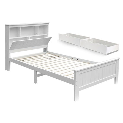 Artiss Bed Frame King Single Size Wooden with 2 Storage Drawers White-Furniture > Bedroom > Beds &amp; Bed Frames-PEROZ Accessories