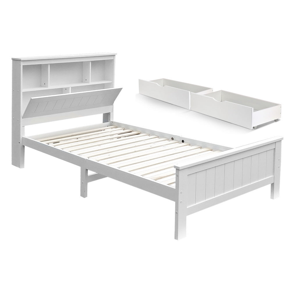 Artiss Bed Frame King Single Size Wooden with 2 Storage Drawers White-Furniture &gt; Bedroom &gt; Beds &amp; Bed Frames-PEROZ Accessories