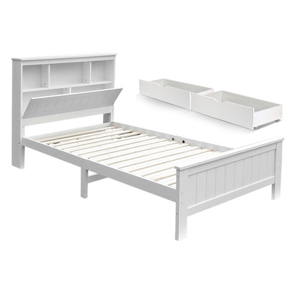 Artiss Bed Frame King Single Size Wooden with 2 Storage Drawers White-Furniture &gt; Bedroom &gt; Beds &amp; Bed Frames-PEROZ Accessories