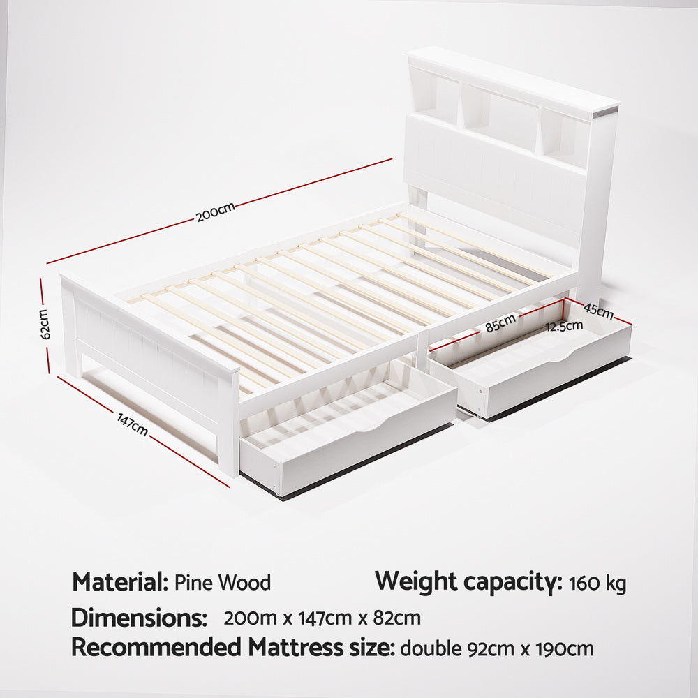 Artiss Bed Frame King Single Size Wooden with 2 Storage Drawers White-Furniture &gt; Bedroom &gt; Beds &amp; Bed Frames-PEROZ Accessories