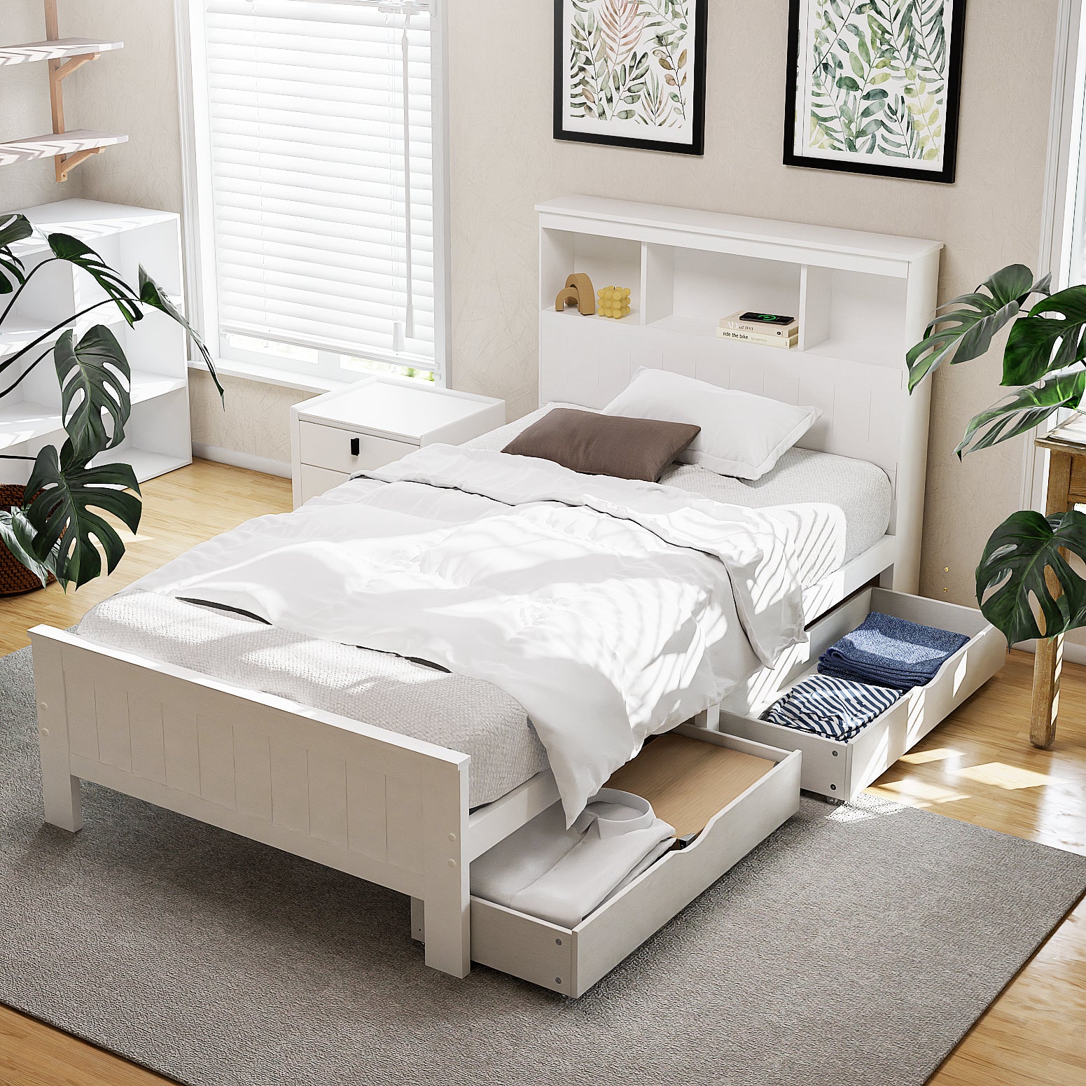 Artiss Bed Frame King Single Size Wooden with 2 Storage Drawers White-Furniture &gt; Bedroom &gt; Beds &amp; Bed Frames-PEROZ Accessories