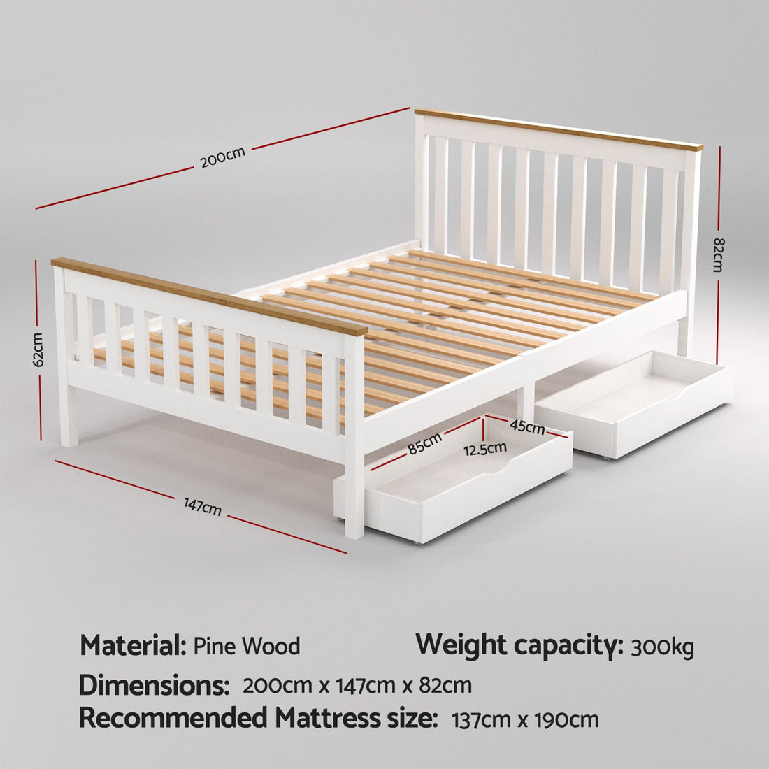 Artiss Bed Frame Double Size Wooden Platform with 2 Storage Drawers White PONY-Furniture > Bedroom > Beds &amp; Bed Frames-PEROZ Accessories