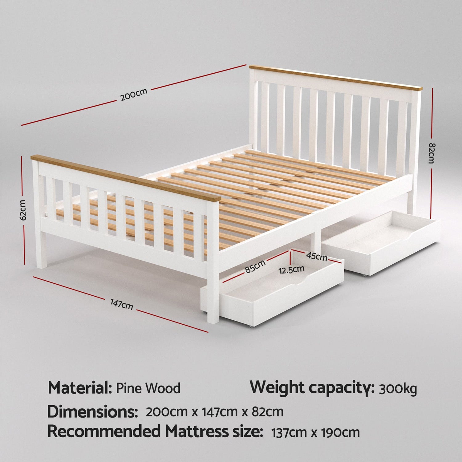 Artiss Bed Frame Double Size Wooden Platform with 2 Storage Drawers White PONY-Furniture > Bedroom > Beds &amp; Bed Frames-PEROZ Accessories