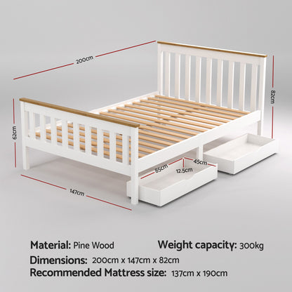 Artiss Bed Frame Double Size Wooden Platform with 2 Storage Drawers White PONY-Furniture > Bedroom > Beds &amp; Bed Frames-PEROZ Accessories