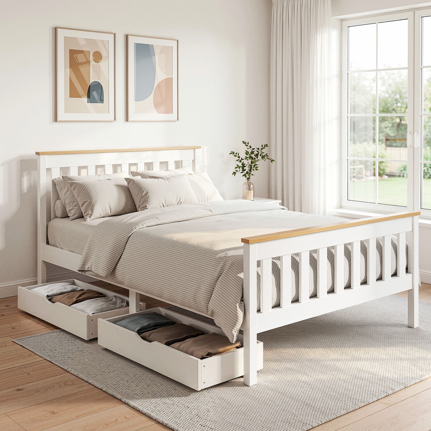 Artiss Bed Frame Double Size Wooden Platform with 2 Storage Drawers White PONY-Furniture > Bedroom > Beds &amp; Bed Frames-PEROZ Accessories