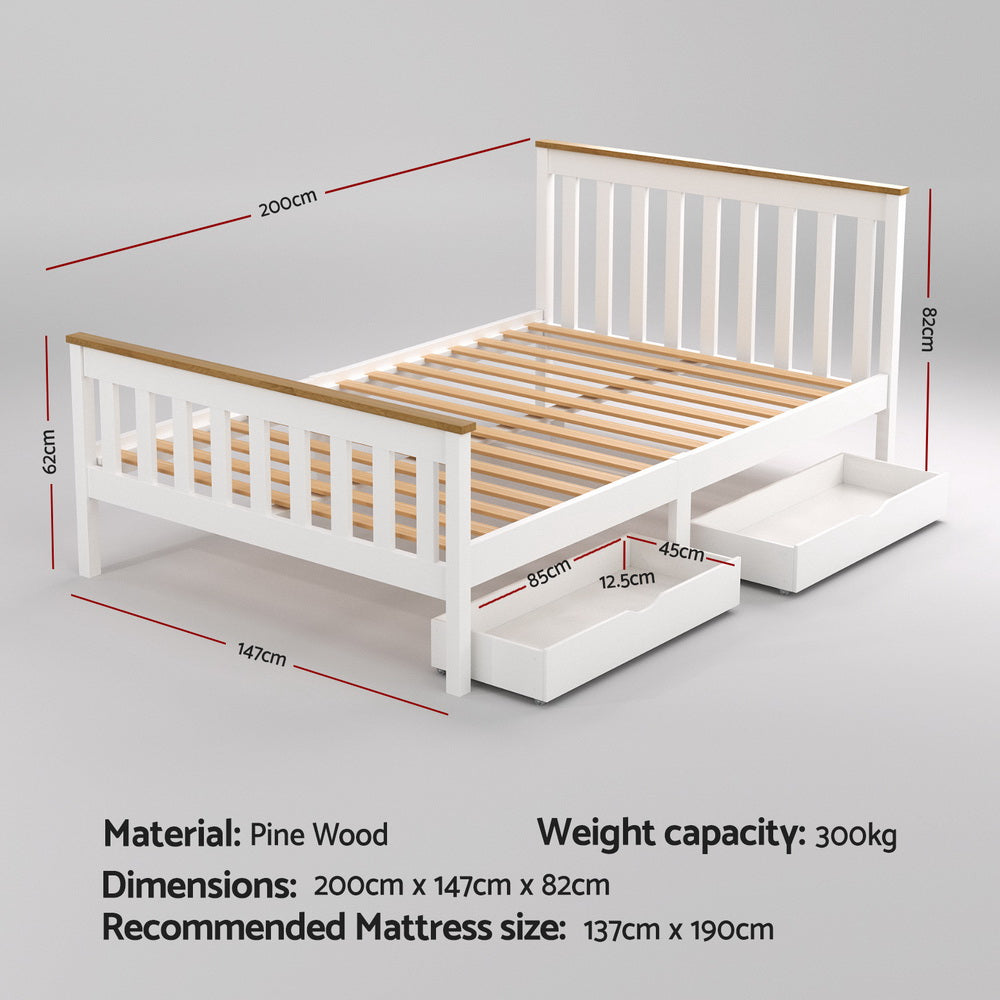 Artiss Bed Frame Double Size Wooden Platform with 2 Storage Drawers White PONY-Furniture &gt; Bedroom &gt; Beds &amp; Bed Frames-PEROZ Accessories