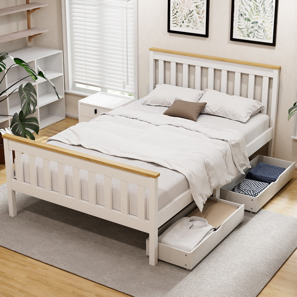 Artiss Bed Frame Double Size Wooden Platform with 2 Storage Drawers White PONY-Furniture &gt; Bedroom &gt; Beds &amp; Bed Frames-PEROZ Accessories