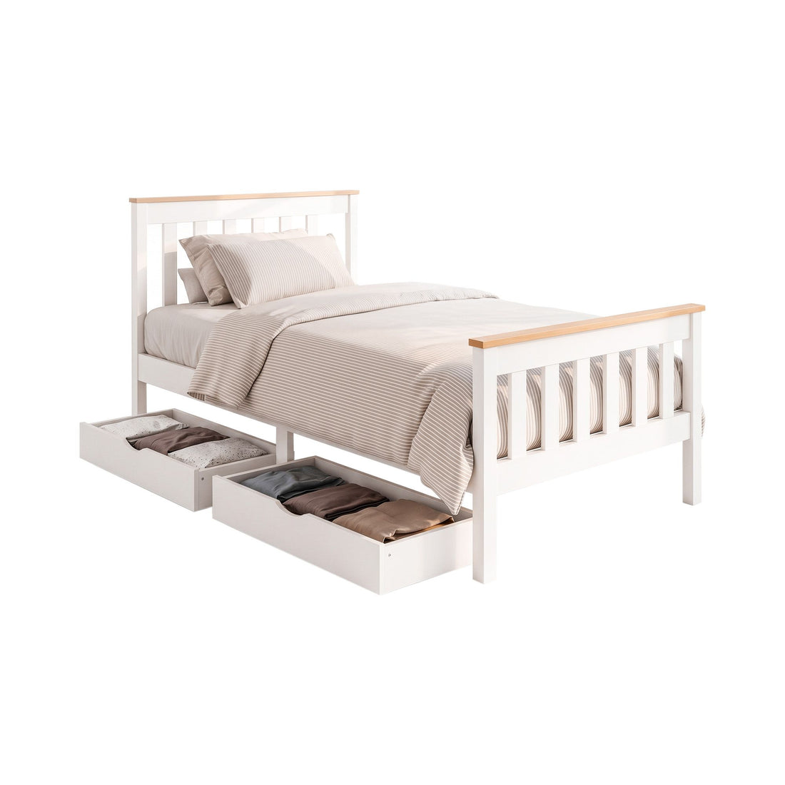 Artiss Bed Frame Single Size Wooden Platform with 2 Storage Drawers White PONY-Furniture > Bedroom > Beds &amp; Bed Frames-PEROZ Accessories