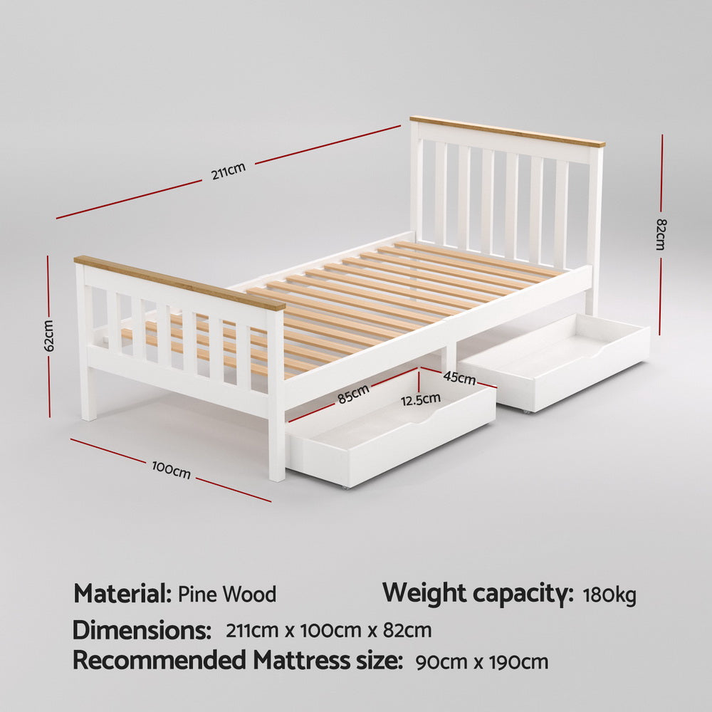 Artiss Bed Frame Single Size Wooden Platform with 2 Storage Drawers White PONY-Furniture &gt; Bedroom &gt; Beds &amp; Bed Frames-PEROZ Accessories