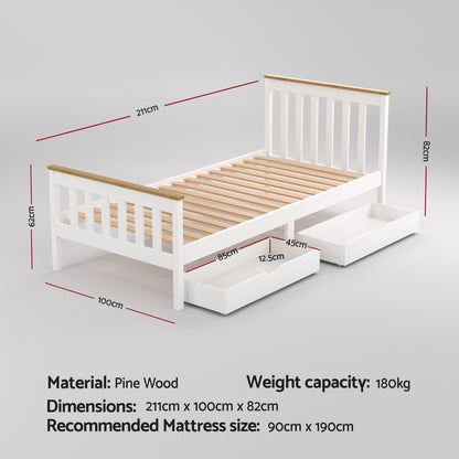 Artiss Bed Frame Single Size Wooden Platform with 2 Storage Drawers White PONY-Furniture &gt; Bedroom &gt; Beds &amp; Bed Frames-PEROZ Accessories