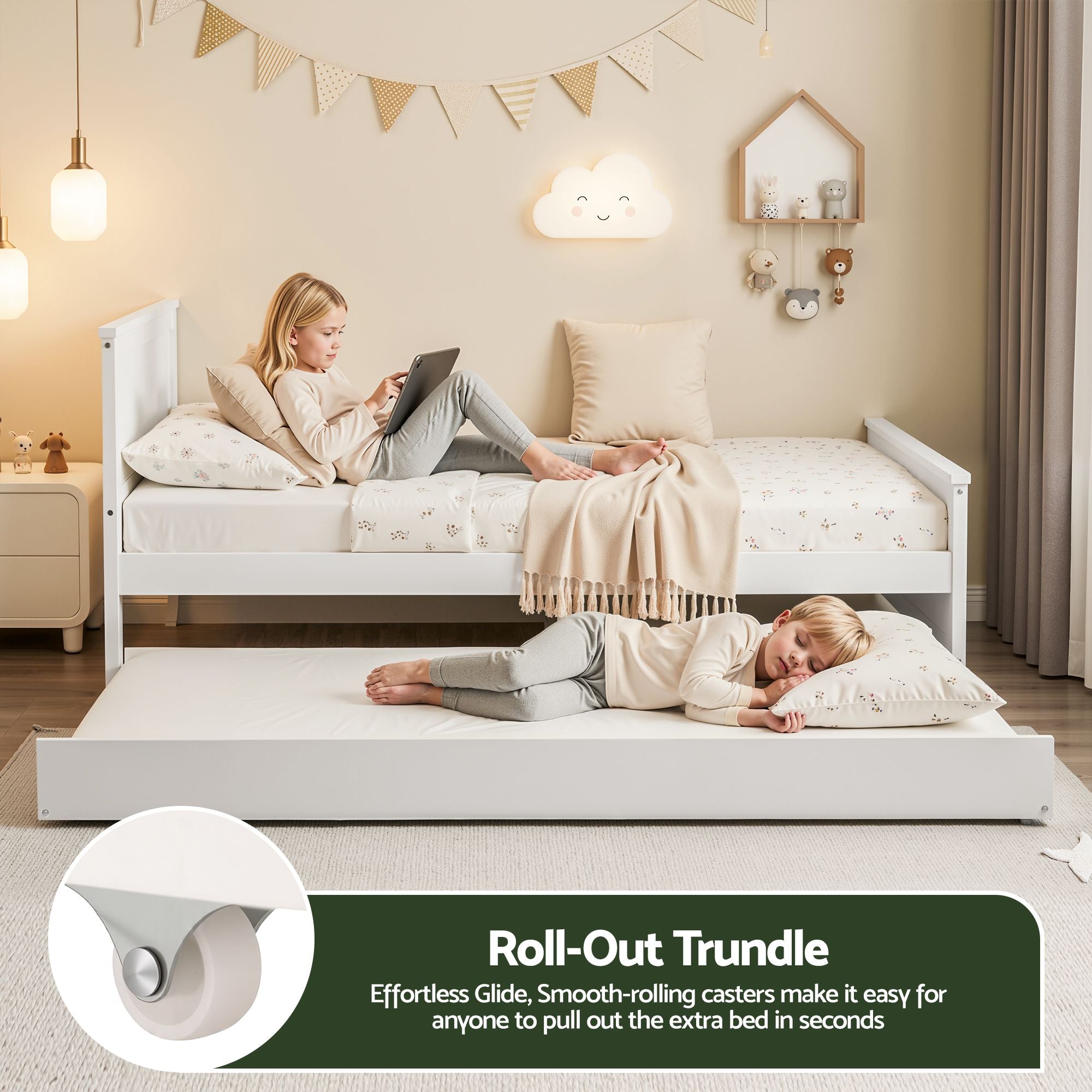 Artiss Single Bed Frame with Trundle Solid Wood Toddler Bunk Bed with Headboard White-Furniture > Bedroom > Beds &amp; Bed Frames-PEROZ Accessories