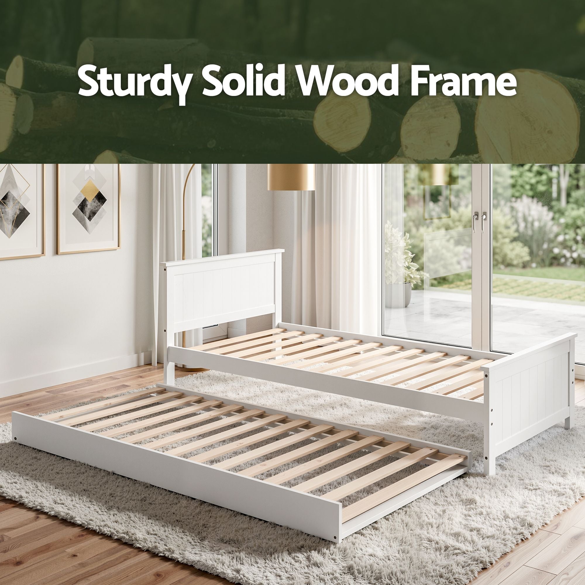 Artiss Single Bed Frame with Trundle Solid Wood Toddler Bunk Bed with Headboard White-Furniture > Bedroom > Beds &amp; Bed Frames-PEROZ Accessories