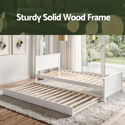 Artiss Single Bed Frame with Trundle Solid Wood Toddler Bunk Bed with Headboard White-Furniture > Bedroom > Beds &amp; Bed Frames-PEROZ Accessories