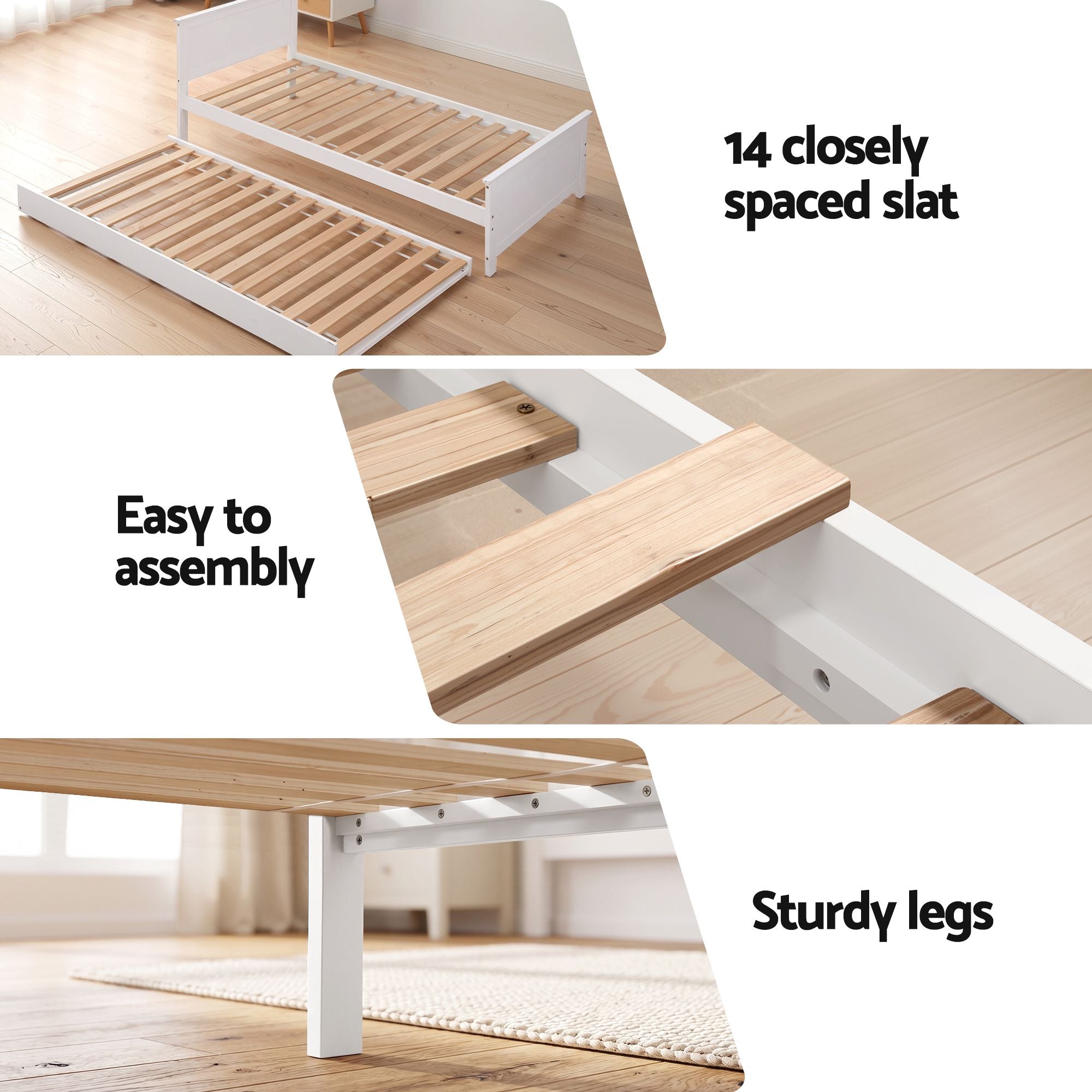 Artiss Single Bed Frame with Trundle Solid Wood Toddler Bunk Bed with Headboard White-Furniture > Bedroom > Beds &amp; Bed Frames-PEROZ Accessories