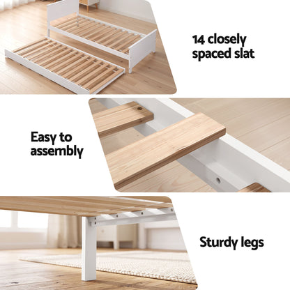 Artiss Single Bed Frame with Trundle Solid Wood Toddler Bunk Bed with Headboard White-Furniture > Bedroom > Beds &amp; Bed Frames-PEROZ Accessories