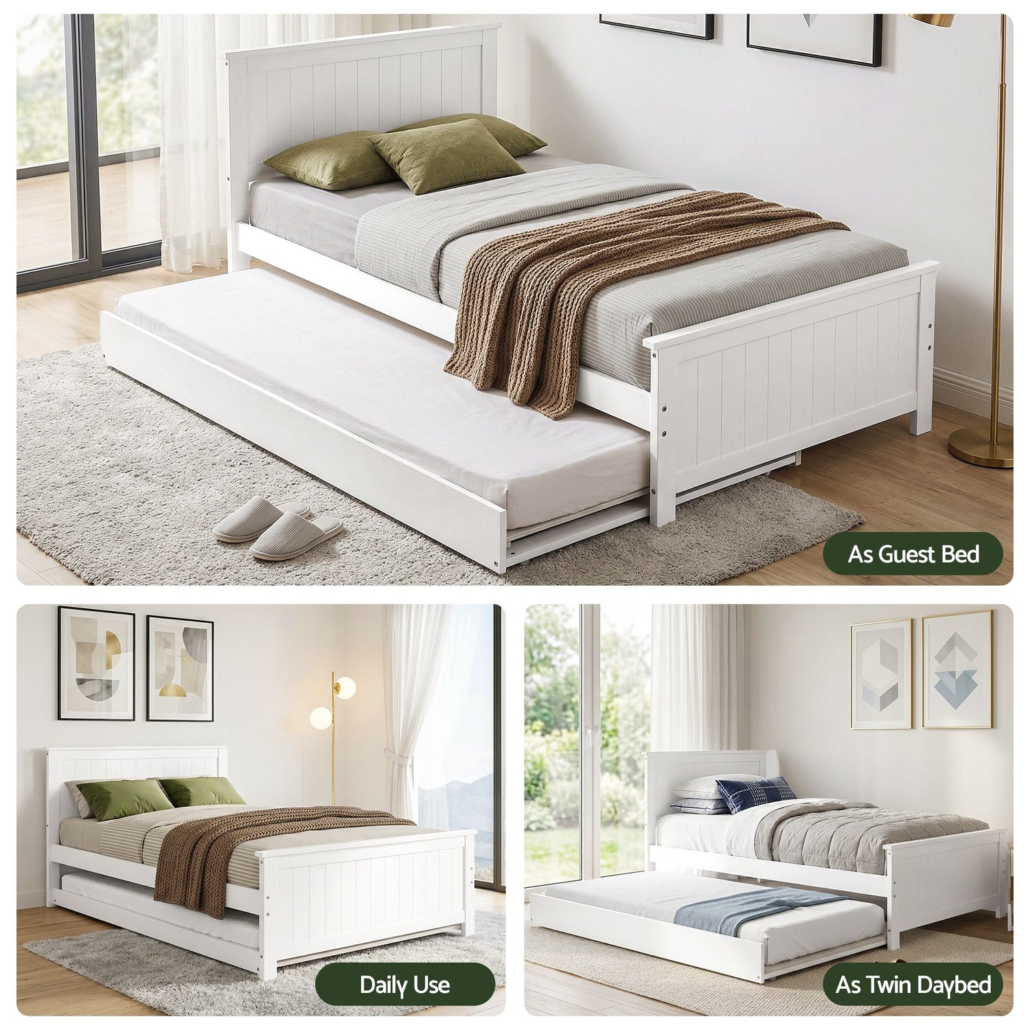 Artiss Single Bed Frame with Trundle Solid Wood Toddler Bunk Bed with Headboard White-Furniture > Bedroom > Beds &amp; Bed Frames-PEROZ Accessories