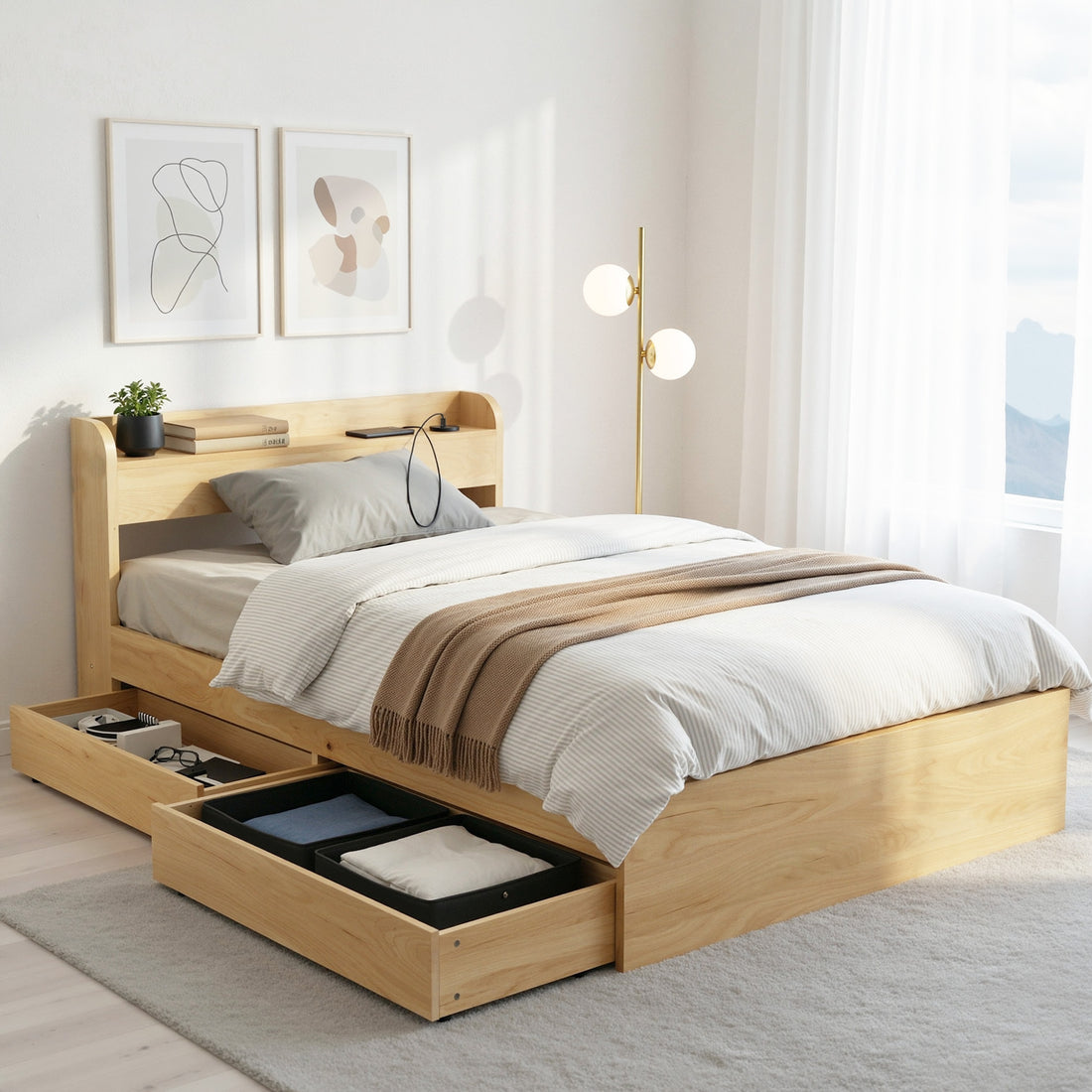 Artiss King Single Bed Frame with 2 Drawers Platform Bed with Headboard Bed Base with USB Ports Natural-Furniture > Bedroom > Beds &amp; Bed Frames-PEROZ Accessories