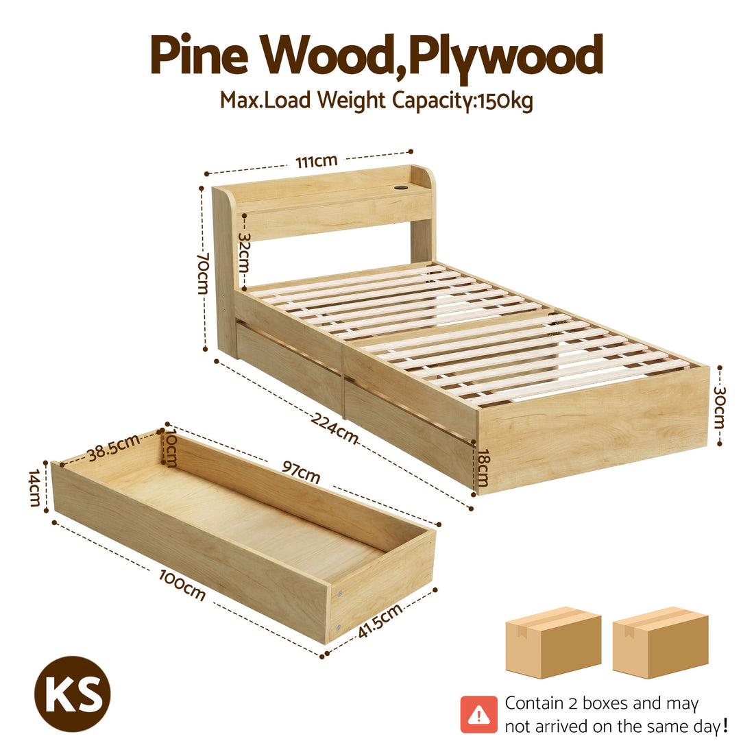 Artiss King Single Bed Frame with 2 Drawers Platform Bed with Headboard Bed Base with USB Ports Natural-Furniture > Bedroom > Beds &amp; Bed Frames-PEROZ Accessories