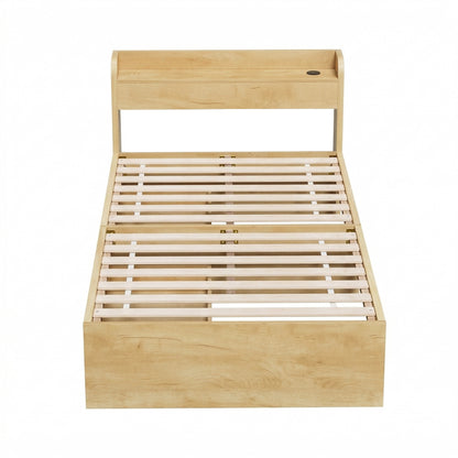 Artiss King Single Bed Frame with 2 Drawers Platform Bed with Headboard Bed Base with USB Ports Natural-Furniture > Bedroom > Beds &amp; Bed Frames-PEROZ Accessories