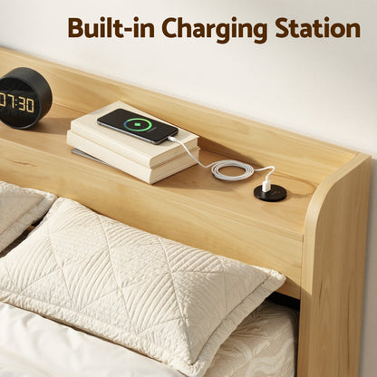 Artiss King Single Bed Frame with 2 Drawers Platform Bed with Headboard Bed Base with USB Ports Natural-Furniture > Bedroom > Beds &amp; Bed Frames-PEROZ Accessories