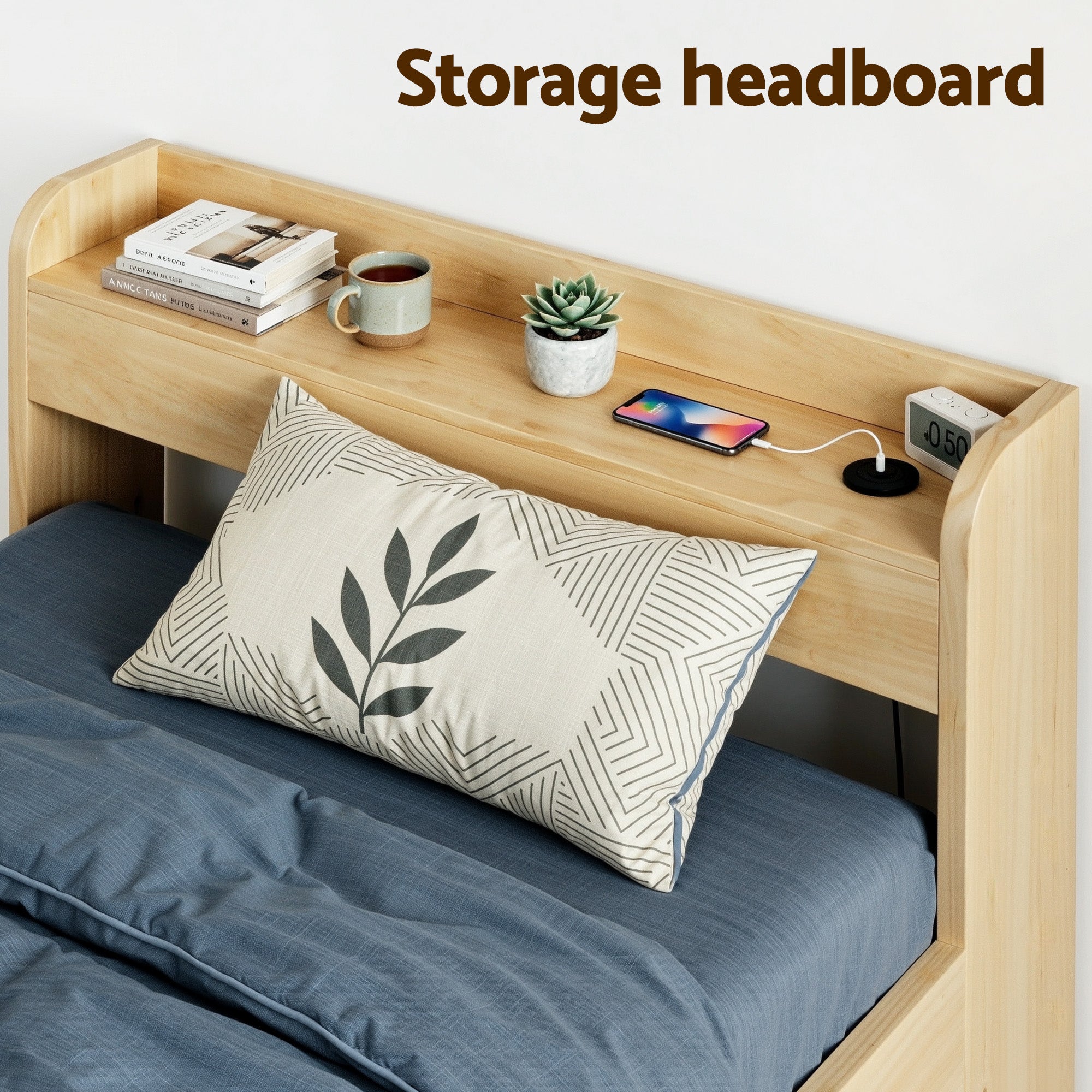 Artiss King Single Bed Frame with 2 Drawers Platform Bed with Headboard Bed Base with USB Ports Natural-Furniture > Bedroom > Beds &amp; Bed Frames-PEROZ Accessories