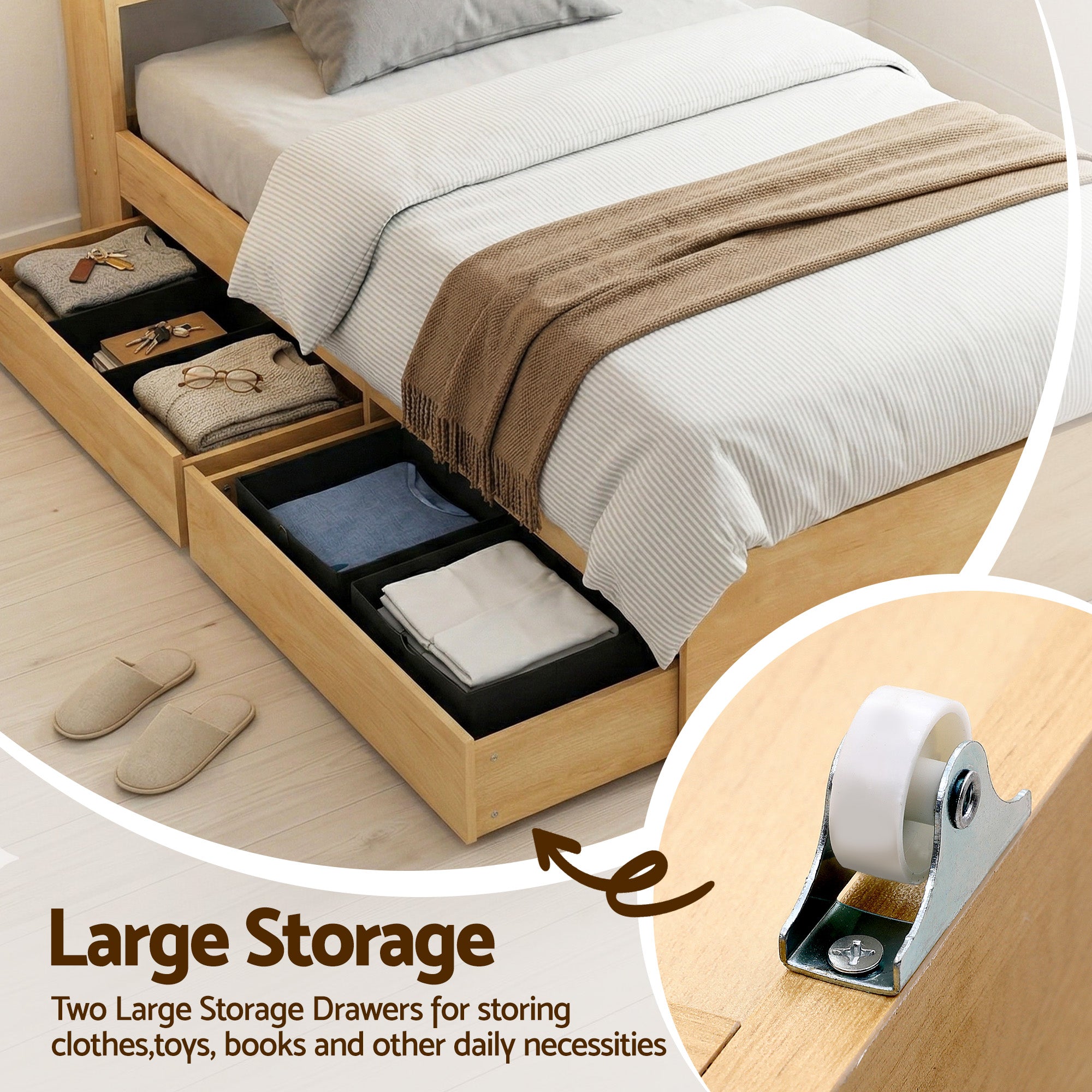 Artiss King Single Bed Frame with 2 Drawers Platform Bed with Headboard Bed Base with USB Ports Natural-Furniture > Bedroom > Beds &amp; Bed Frames-PEROZ Accessories