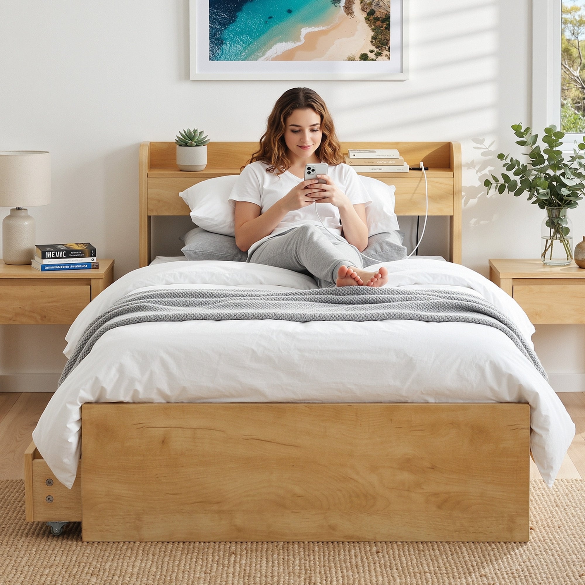 Artiss King Single Bed Frame with 2 Drawers Platform Bed with Headboard Bed Base with USB Ports Natural-Furniture > Bedroom > Beds &amp; Bed Frames-PEROZ Accessories